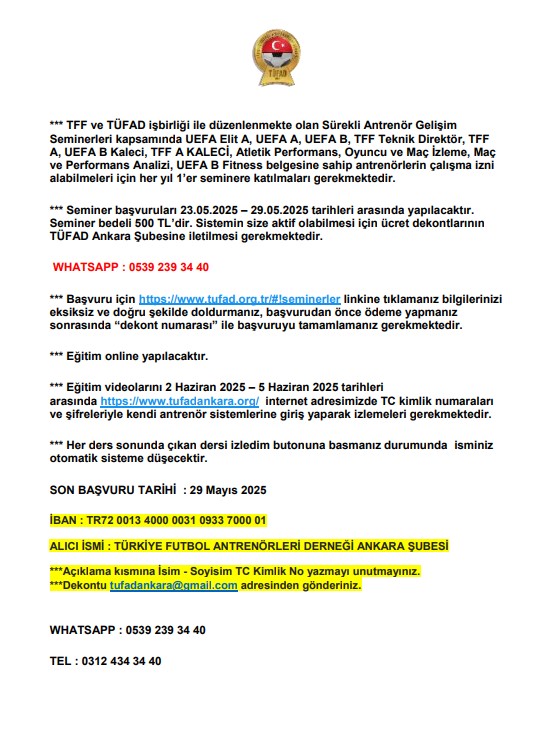 SÜREKLİ ANTRENÖR GELİŞİM SEMİNERİ BAŞVURLARI BAŞLADI