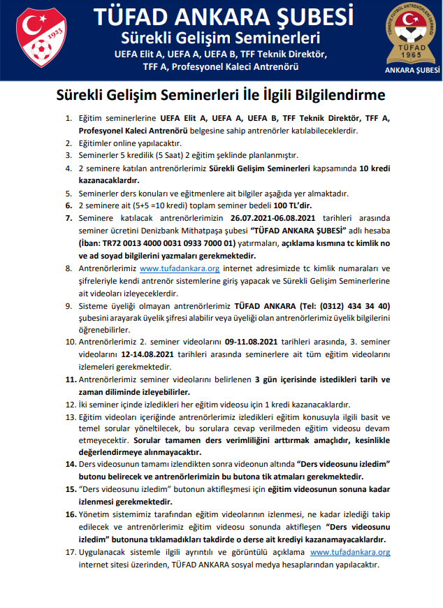 SÜREKLİ ANTRENÖR GELİŞİM SEMİNERİ( UEFA Elit A, UEFA A, UEFA B, TFF Teknik Direktör, TFF A, Profesyonel Kaleci Antrenörü )